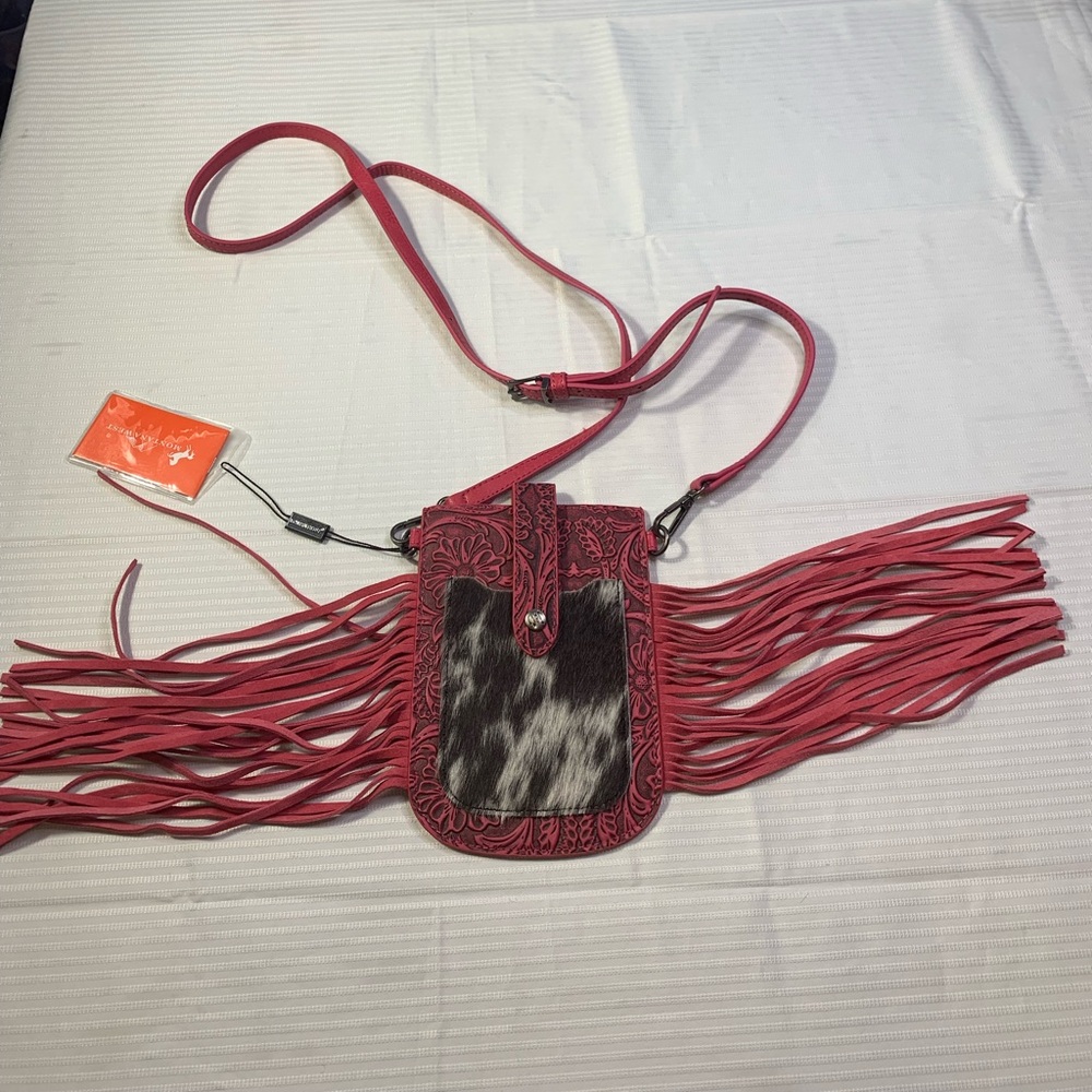 Montana West Genuine Leather Tooled Fringe Crossbody. NWY PINK/ Blk/White